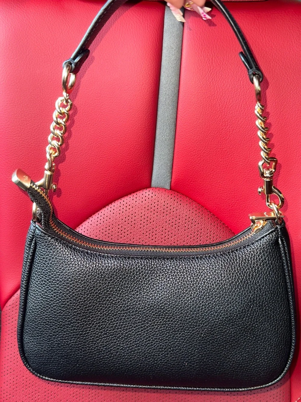 Coach Black Pebbled Leather Shoulder Bag with Gold Chain Accents